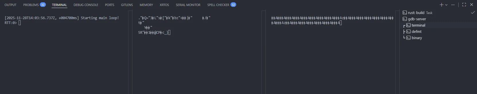 A terminal view with all 3 RTT channels opened at the same time with gibberish data