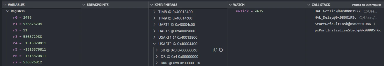 Real-time embedded debugging in VS Code showing peripheral registers and variable inspection via OpenOCD.