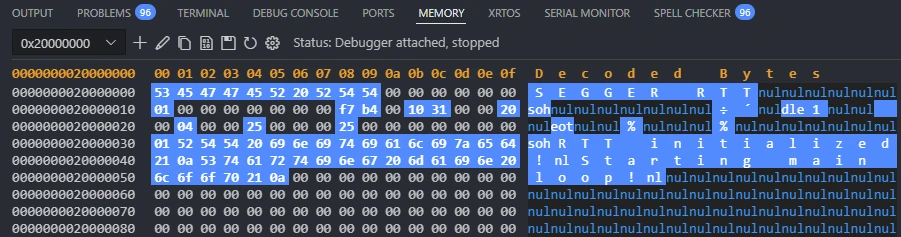 Memory view of RAM where is RTT initialized