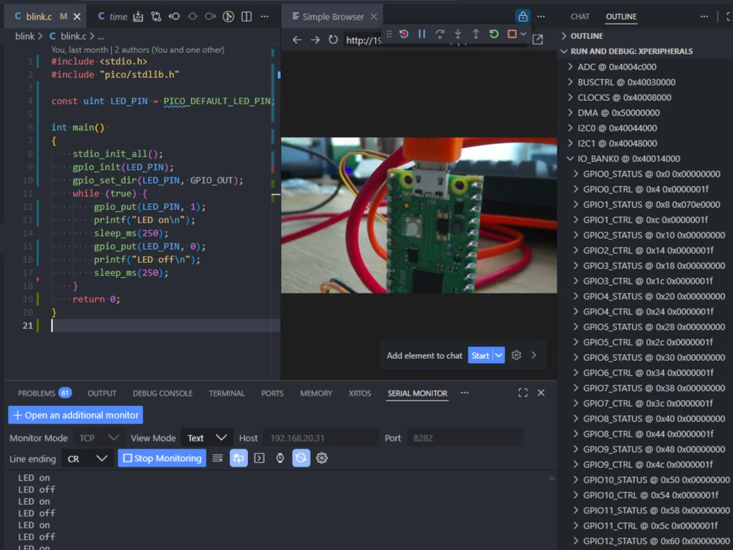 A remote debug session in VS Code with remote serial output and web camera stream
