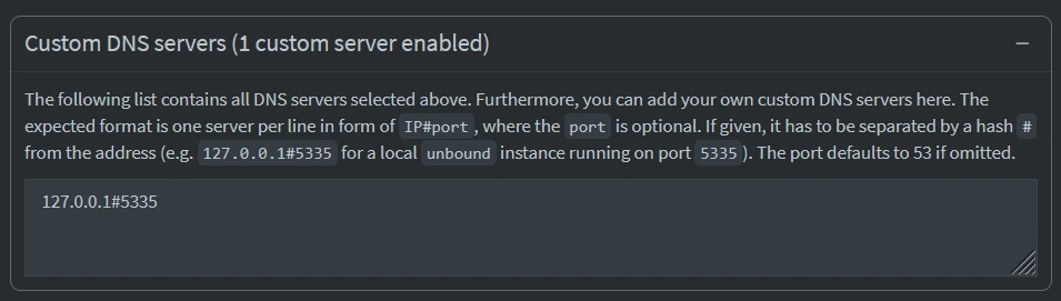 Screenshot of the Pi-hole DNS settings page with the custom IPv4 address 127.0.0.1#5335 enabled as the upstream DNS server.